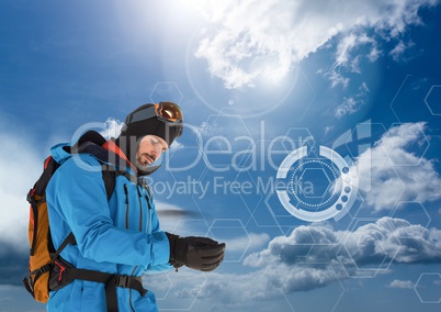 Explorer Man dressed in outdoors gear and clothes with cold sky interface