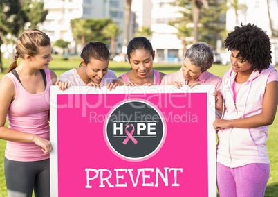 Prevent text and pink breast cancer awareness women holding card