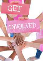 Get Involved Text and Hands holding card with hands together in a circle