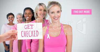 Find out more button with Get checked Text and Hand holding card with pink breast cancer awareness w
