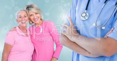 Breast cancer doctor and women with pink awareness ribbon