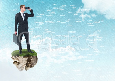 Businessman with binoculars on floating rock platform with words connecting in sky