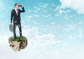 Businessman with binoculars on floating rock platform with words connecting in sky