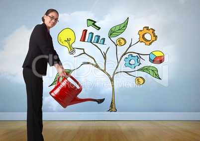 Woman holding watering can and Drawing of Business graphics on plant branches on wall