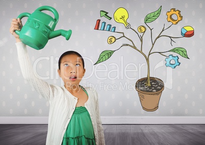 Girl holding watering can and Drawing of Business graphics on plant branches on wall
