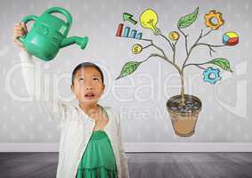 Girl holding watering can and Drawing of Business graphics on plant branches on wall