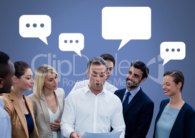 business people discussing big announcement at meeting with empty chat bubbles
