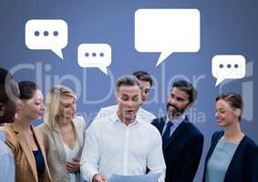 business people discussing big announcement at meeting with empty chat bubbles