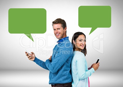 Couple texting with empty chat bubbles