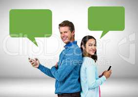 Couple texting with empty chat bubbles