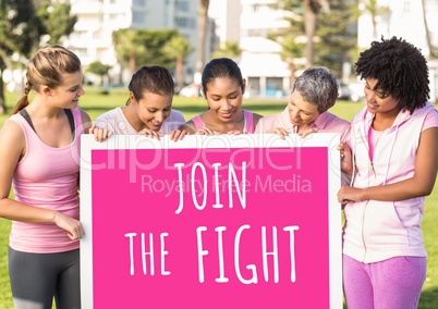 Join the fight text and pink breast cancer awareness women holding card