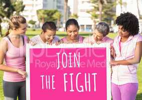 Join the fight text and pink breast cancer awareness women holding card