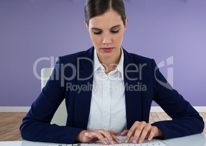 Woman at desk and purple background