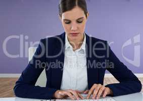 Woman at desk and purple background