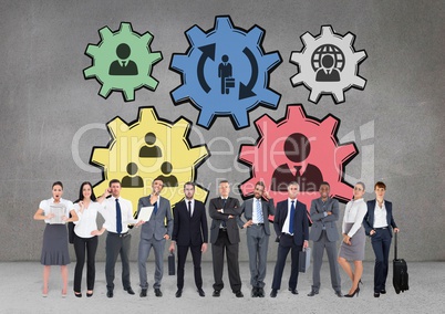 Business people standing against people in cogs graphics against grey background