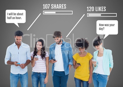 People on Social media interfaces with shares and likes interfaces