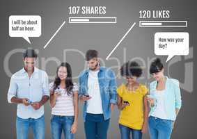 People on Social media interfaces with shares and likes interfaces