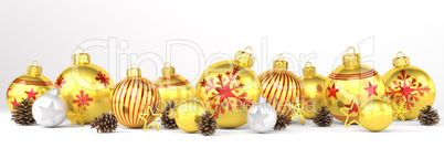 3d render - golden and silver christmas baubles over white backg