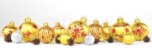 3d render - golden and silver christmas baubles over white backg