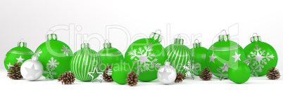 3d render - green and silver christmas baubles over white backgr