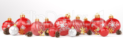 3d render - red and silver christmas baubles over white backgrou