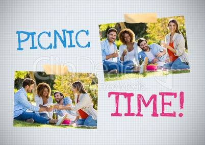 Picnic time text and people having a picnic in park