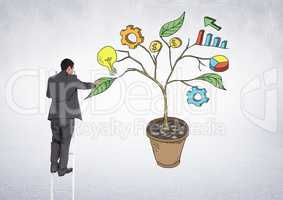Man holding pen and Drawing of Business graphics on plant branches on wall