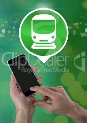 Hand holding phone with train icon