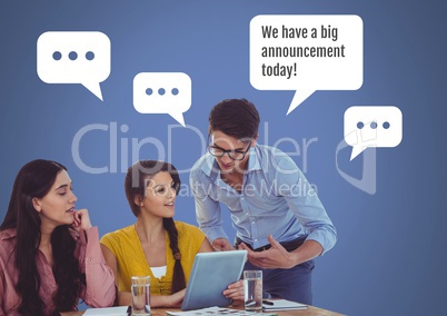 People on tablet with big announcement chat bubbles