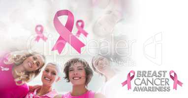 Text and Pink ribbons with breast cancer awareness women