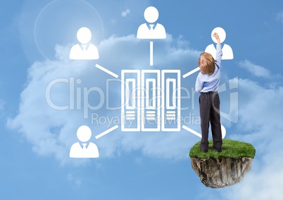 Young boy on floating rock platform  in sky drawing with file profile connectors interface