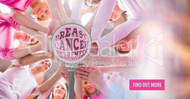Find out more button with Magnifyied text on Breast Cancer Awareness women'd hands together