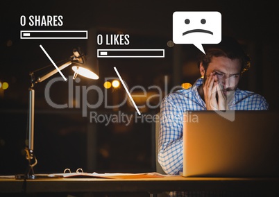 Sad man on laptop with Social media interfaces and no likes