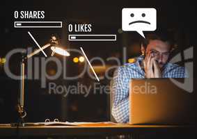 Sad man on laptop with Social media interfaces and no likes