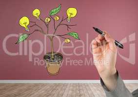 Hand holding pen and Drawing of Money and idea graphics on plant branches on wall