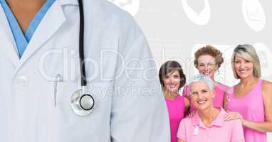 Breast cancer doctor and women with pink awareness ribbons
