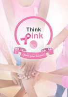 Think pink support text with breast cancer awareness women putting hands together