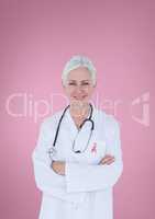 Doctor woman with breast cancer awareness ribbon