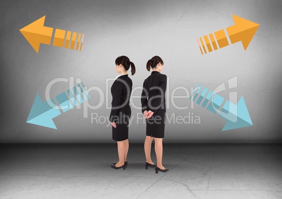 Arrows in different directions with Businesswoman looking in opposite directions
