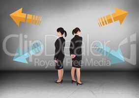 Arrows in different directions with Businesswoman looking in opposite directions