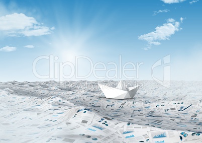 sea of documents under sky clouds with paper boat