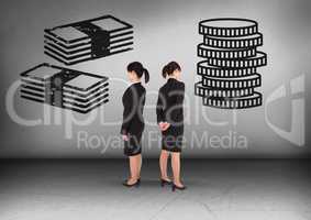 Money notes or coins with Businesswoman looking in opposite directions