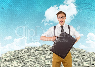 Businessman with briefcase in hill of money with cloud