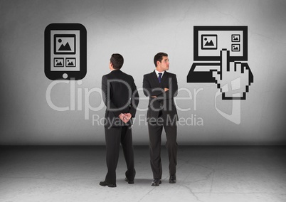 Tablet or computer with Businessman looking in opposite directions