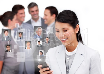 Woman holding phone with Profile portraits of people contacts