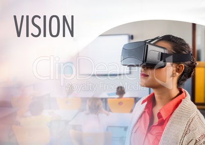 Vision text and Teacher wearing Virtual reality headset in class