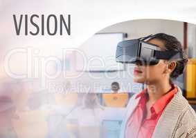 Vision text and Teacher wearing Virtual reality headset in class