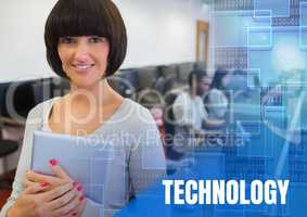 Technology text and University teacher with class in computer room