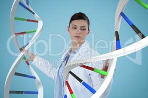 Doctor woman interacting with 3D DNA strands
