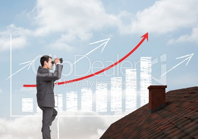 Businessman on ladder with binoculars over roof and incremented bar chart
